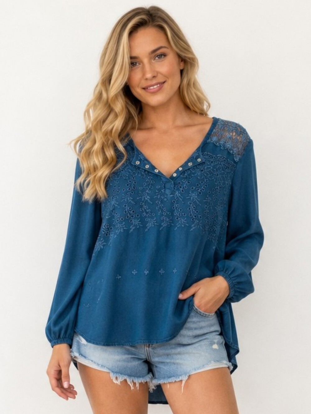 Studio West Blue Embroidered Crochet Boho Peasant Blouse High Low Rayon